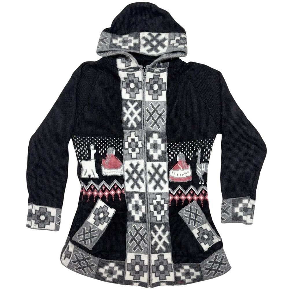 Alpaca Cardigan Sweater Small Black Southwestern Geometric Hooded Llama Peruvian